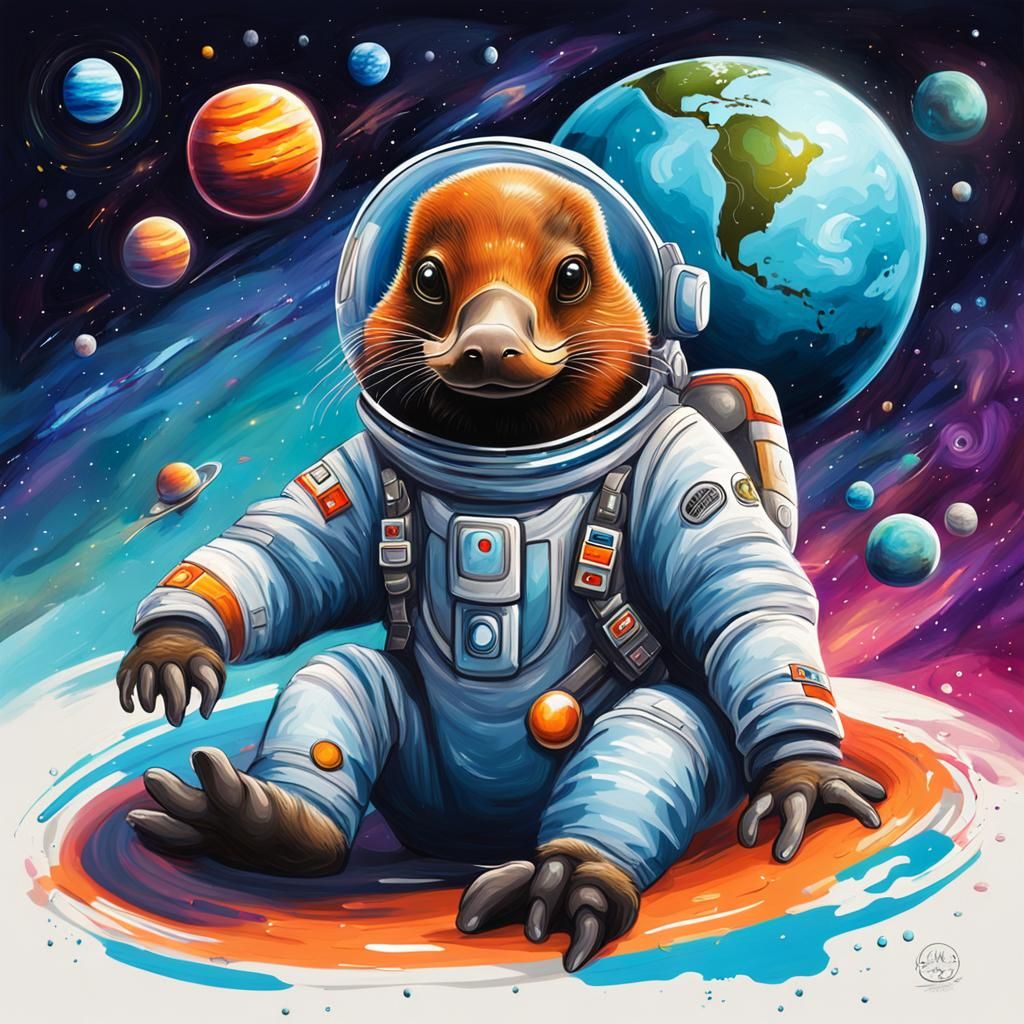 Platypus in Spacesuit Drifting in Space: Graffiti Art