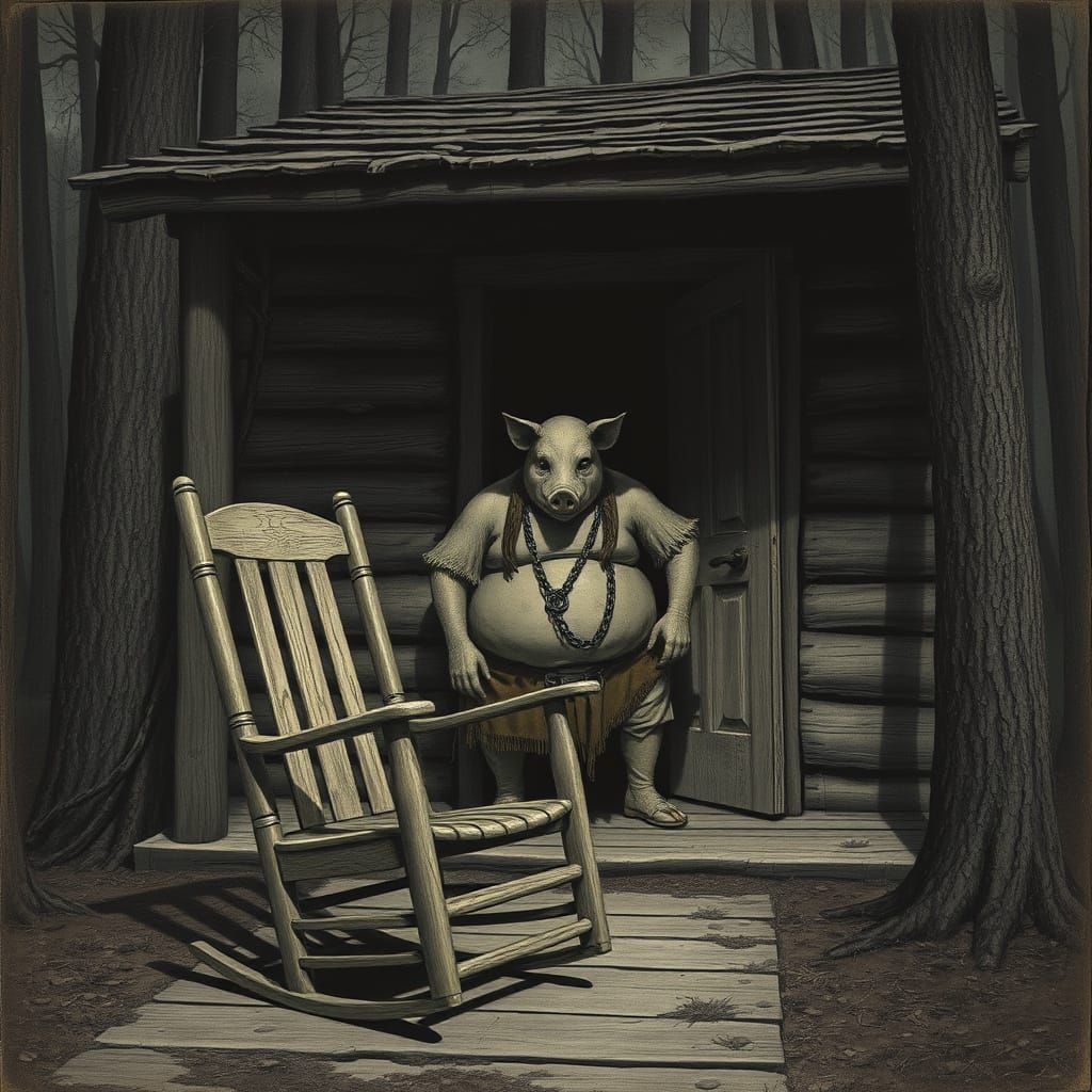 Sinister Cabin: Rocking Chair in Dark Etching Style