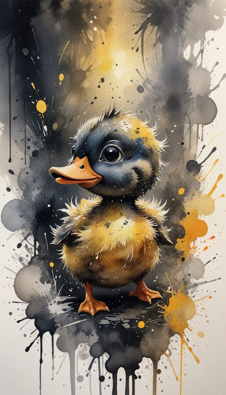 Anthropomorphic Dancing Duckling in Ink Splatter Style