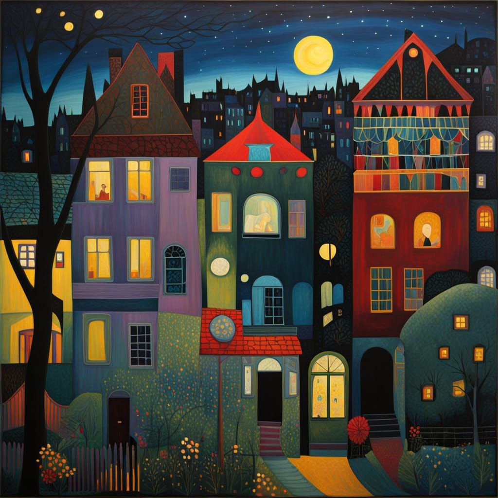 Vibrant Night Cityscape in Geometric Style