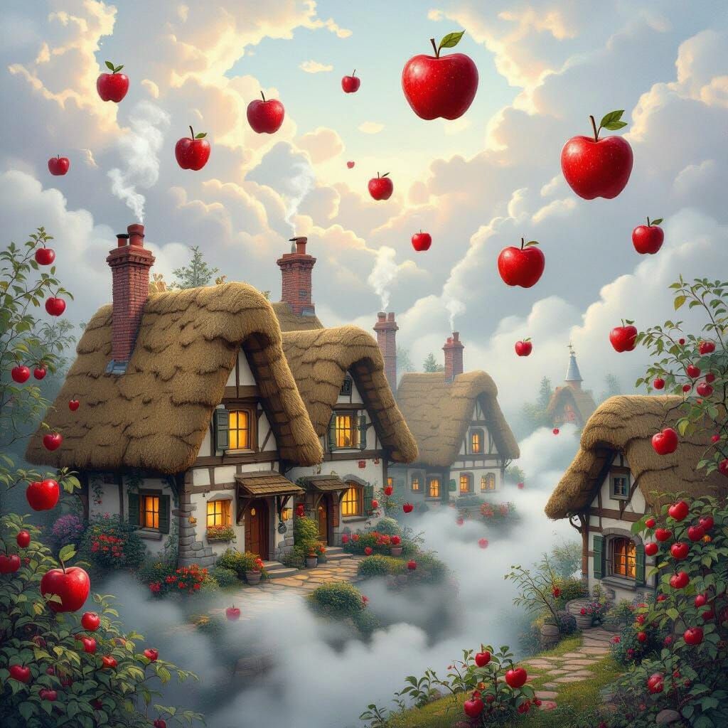 Whimsical Village in a Dreamy Thomas Kinkade Style