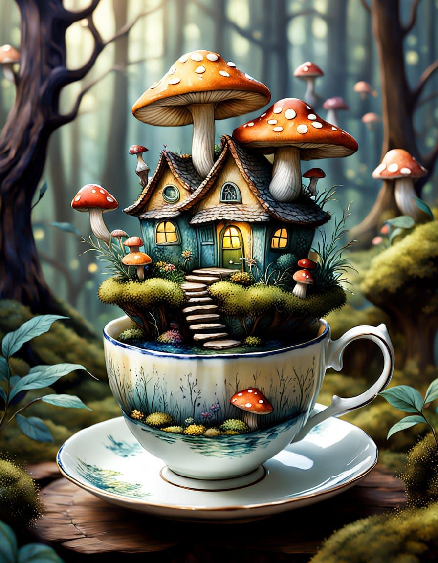 Pixie Village in Teacup: Whimsical Watercolor Art