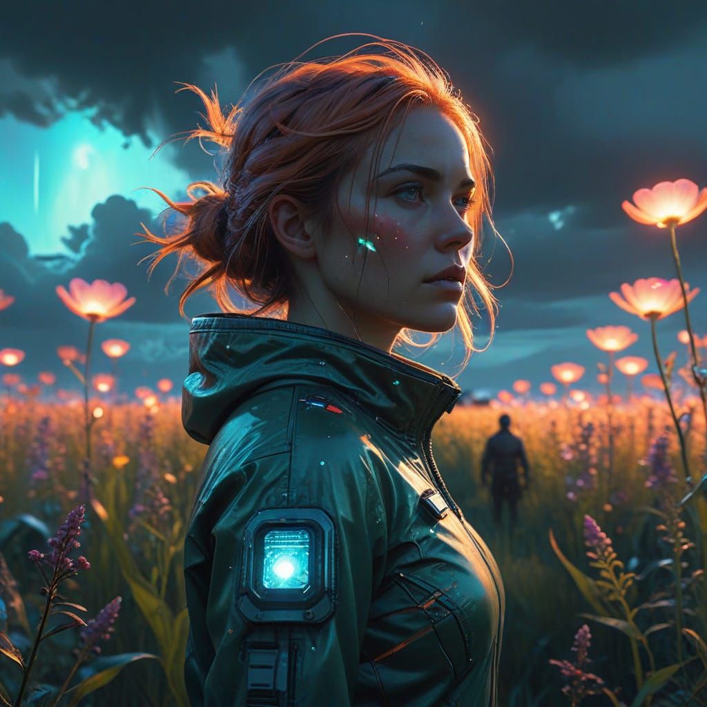 Sci-Fi Woman in Alien Field with Auroras