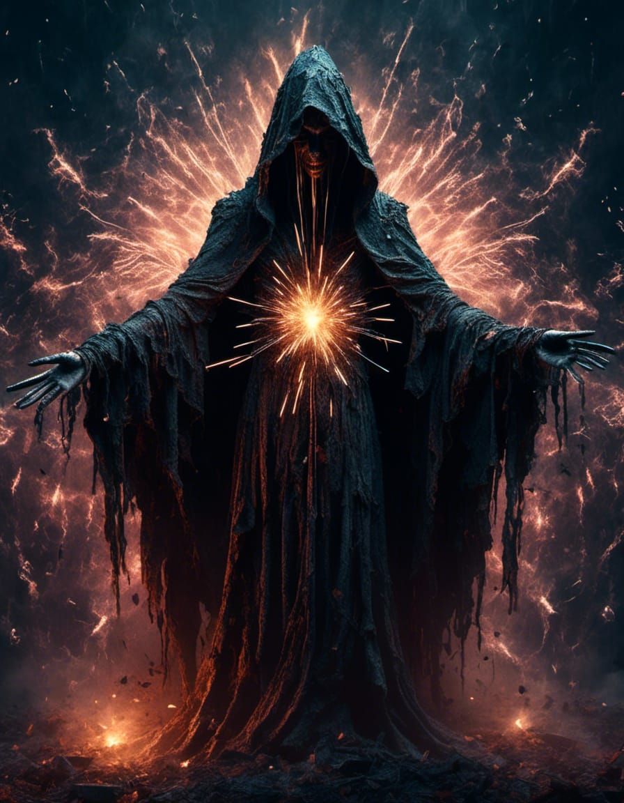 Mysterious Cloaked Figure Amidst Fireworks Display