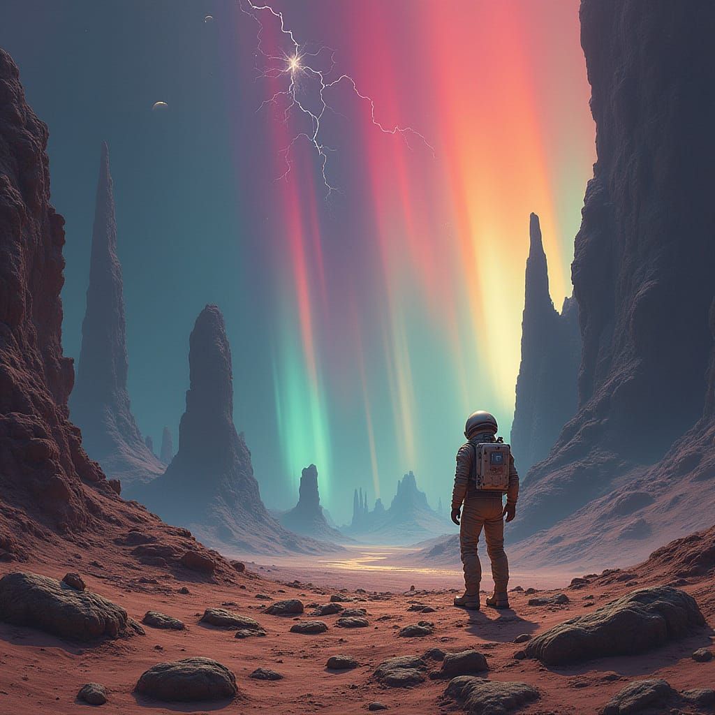 Astronaut Gazing at Auroras on Alien Planet