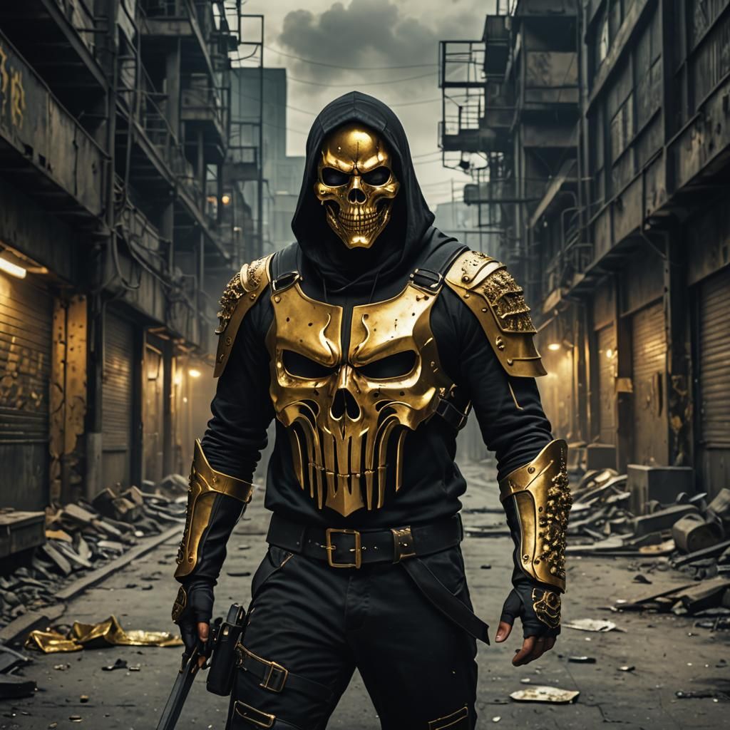 Assassin in Golden Mask in Cyberpunk City