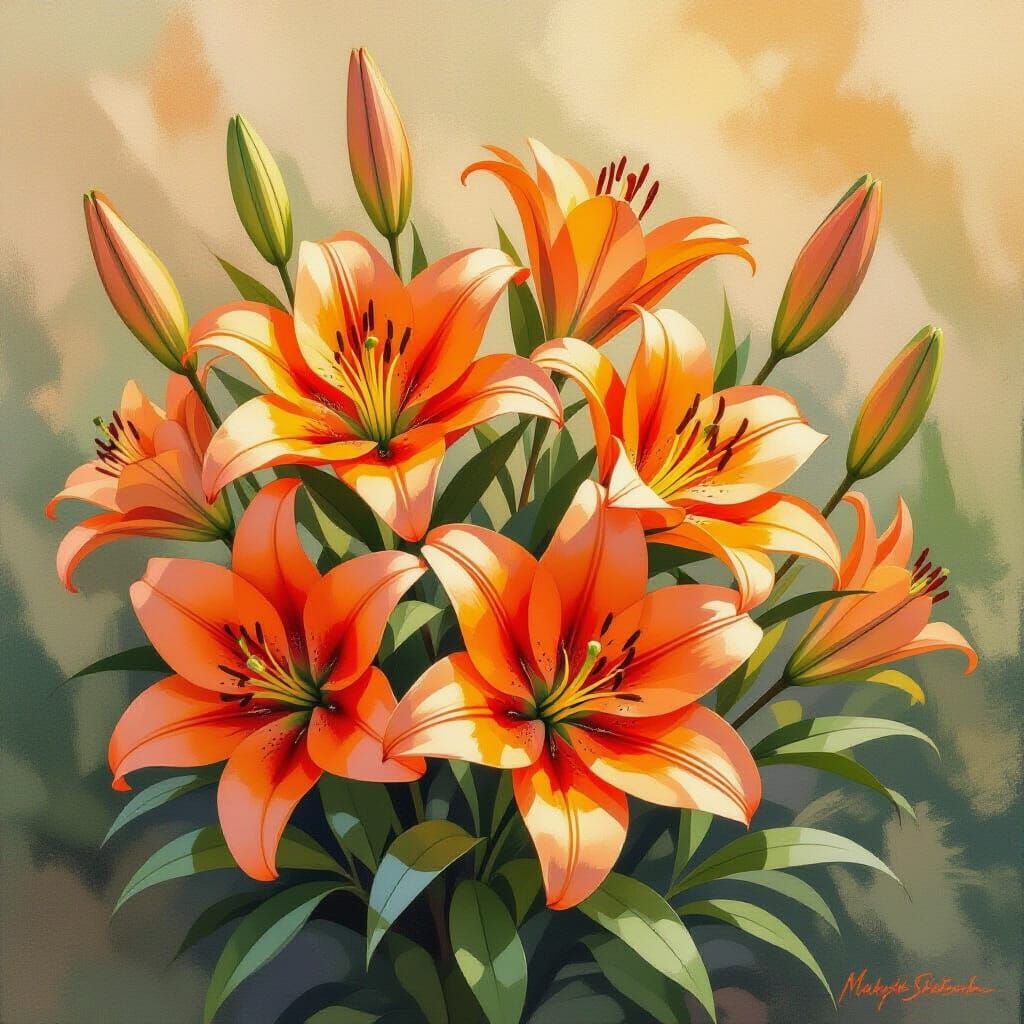 Orange Asiatic Lilies in Impressionist Style