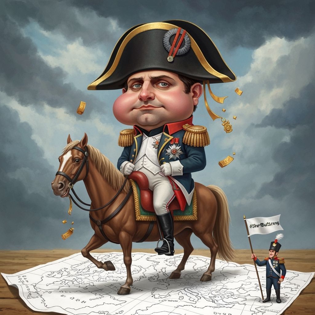 Napoleon Rides a Tiny Horse in Vibrant Caricature