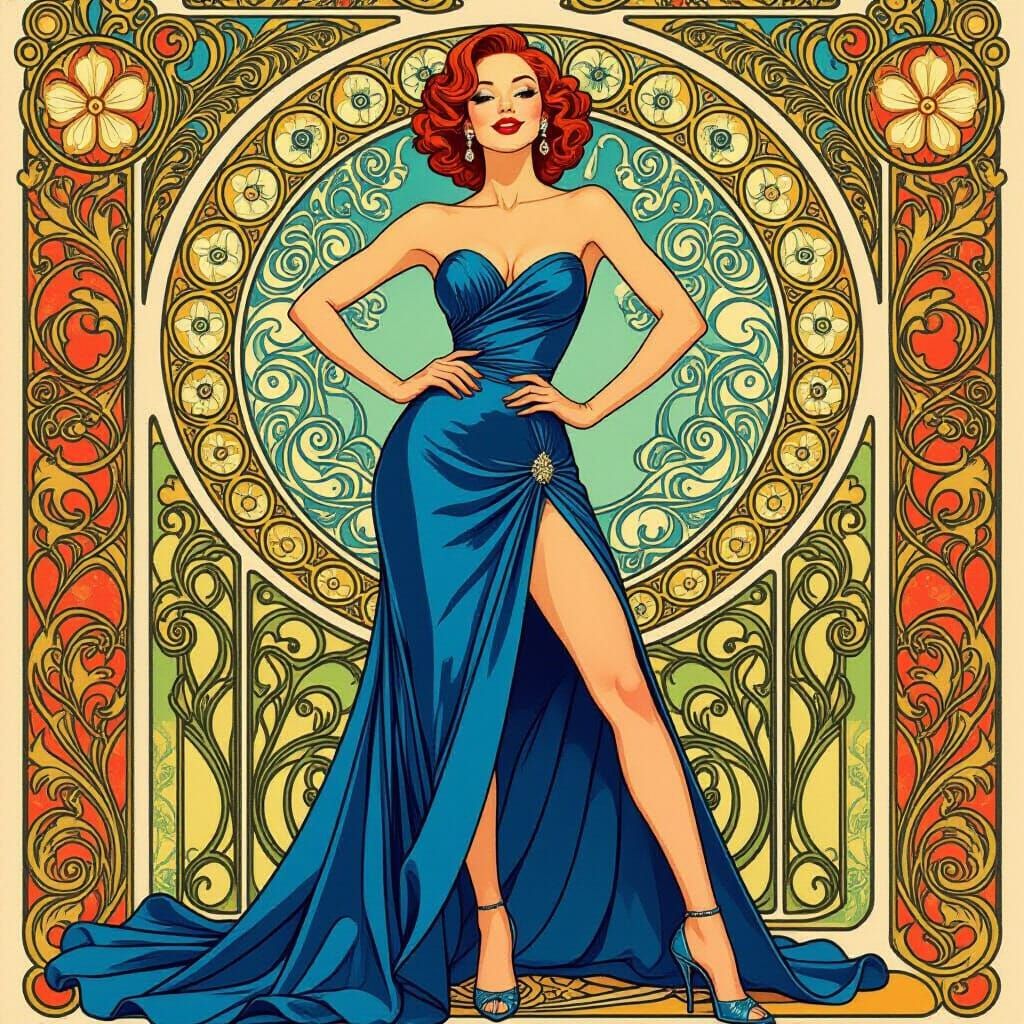 Fox Woman in Blue Gown, Art Nouveau Style