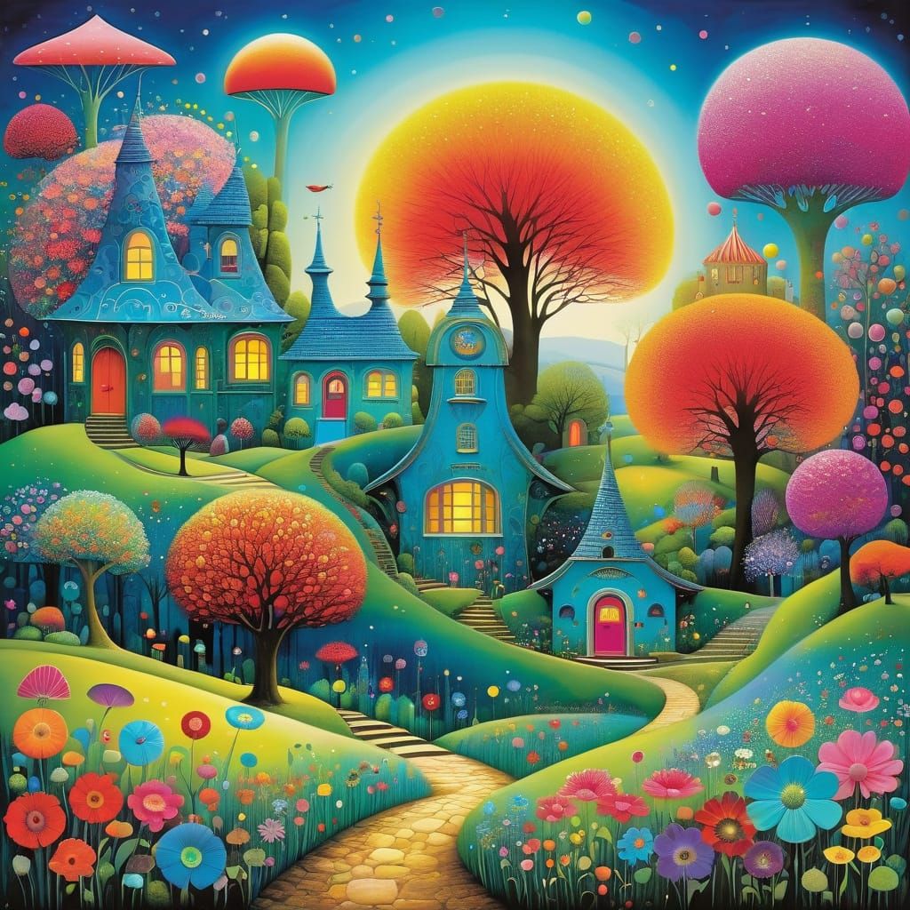 Whimsical Fantasy Landscape with Vibrant Blooms