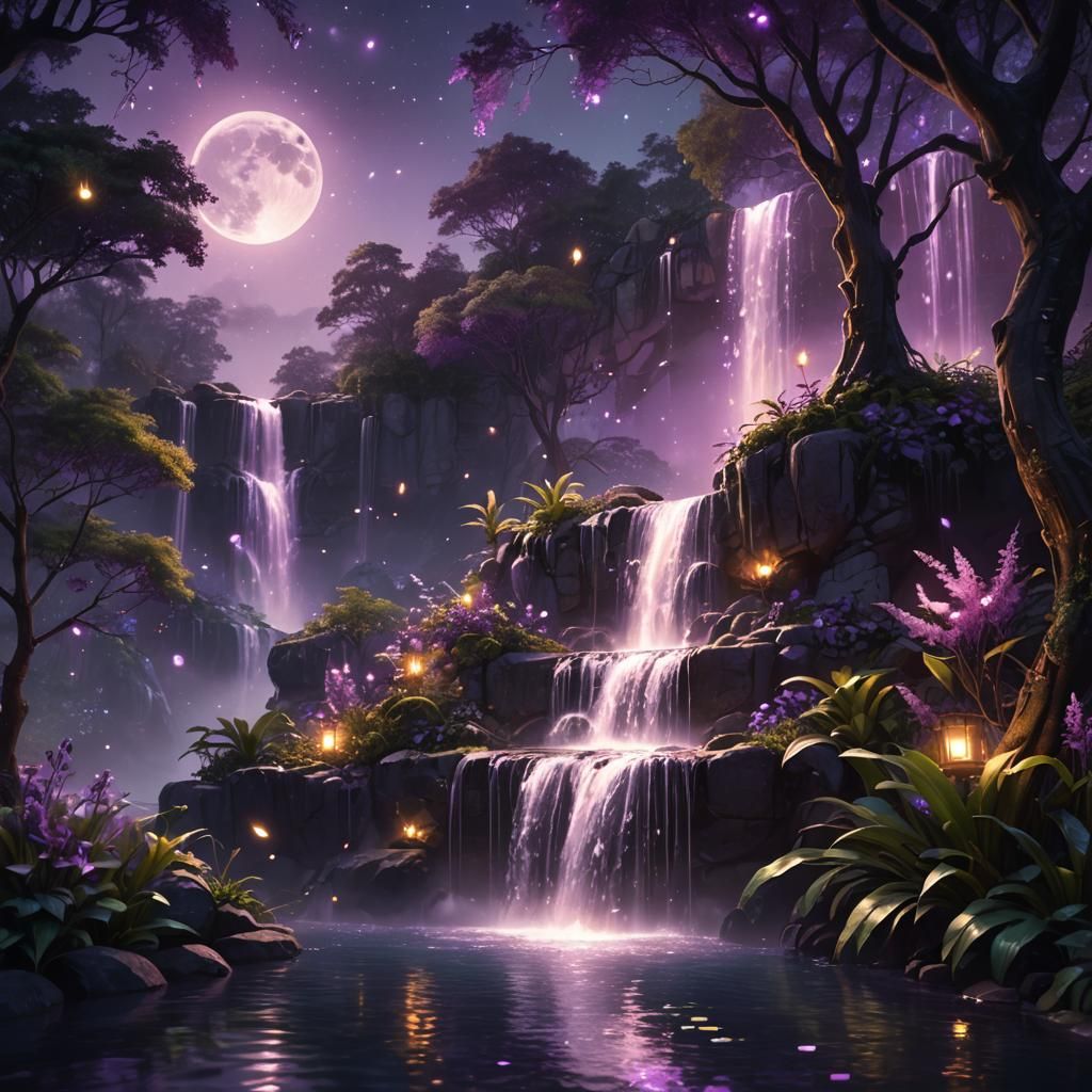 Moonlit Waterfall at Night in Matte Painting Style