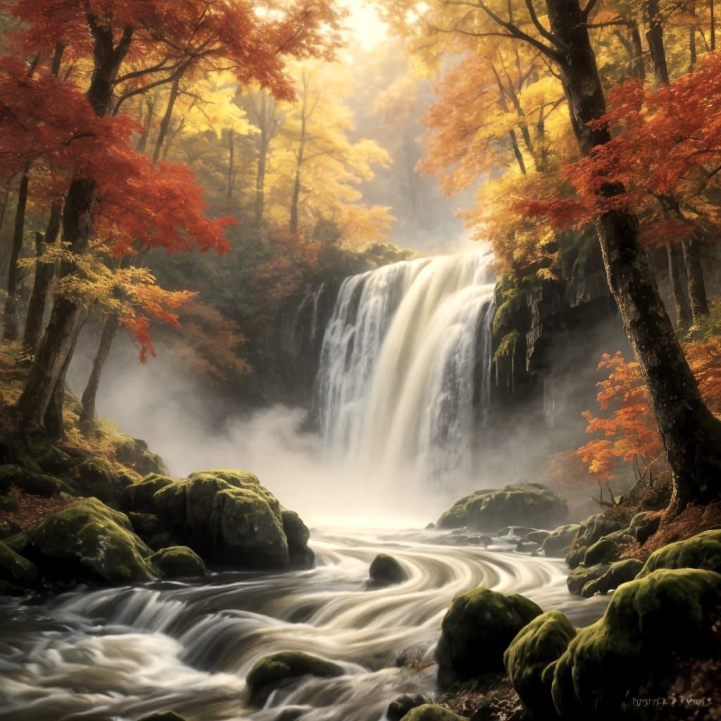 Hidden Waterfall in Vibrant Autumn Forest Landscape