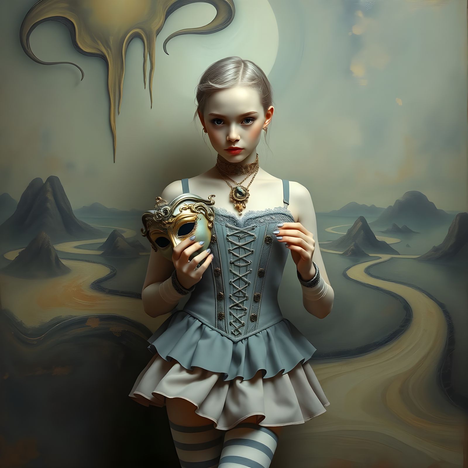Dreamlike Girl with Mask in Surreal Digital Art