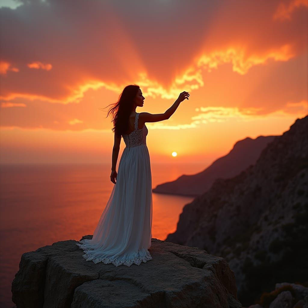 Woman Reaching for Sunset Sky in Cinematic Style