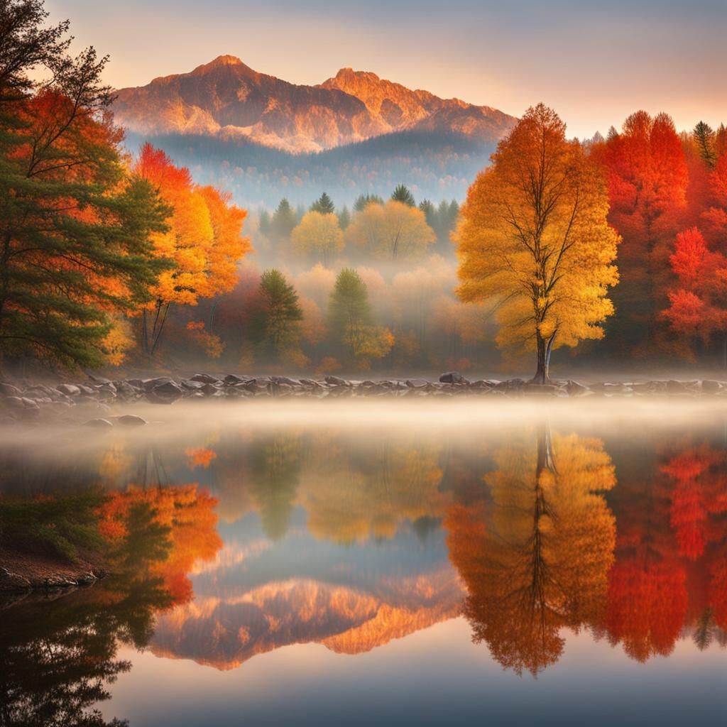 Misty Lake Sunrise Reflecting Autumn Colors
