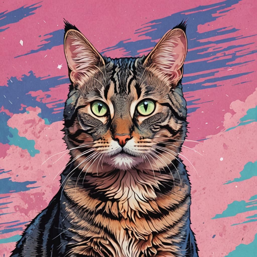 Democratic Tabby Cat Comic Art Vaporwave