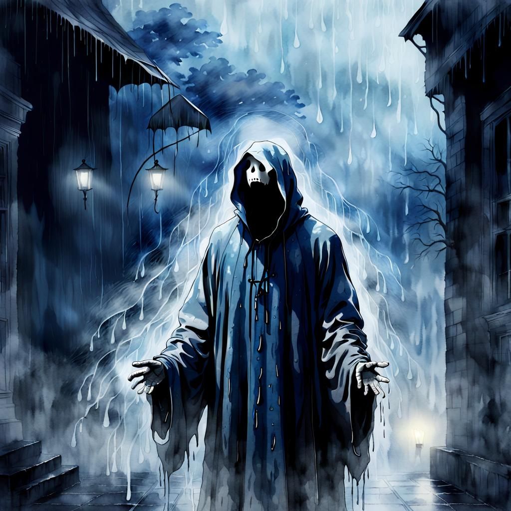 Male Ghost Singing in Rainy Watercolor Concept Art