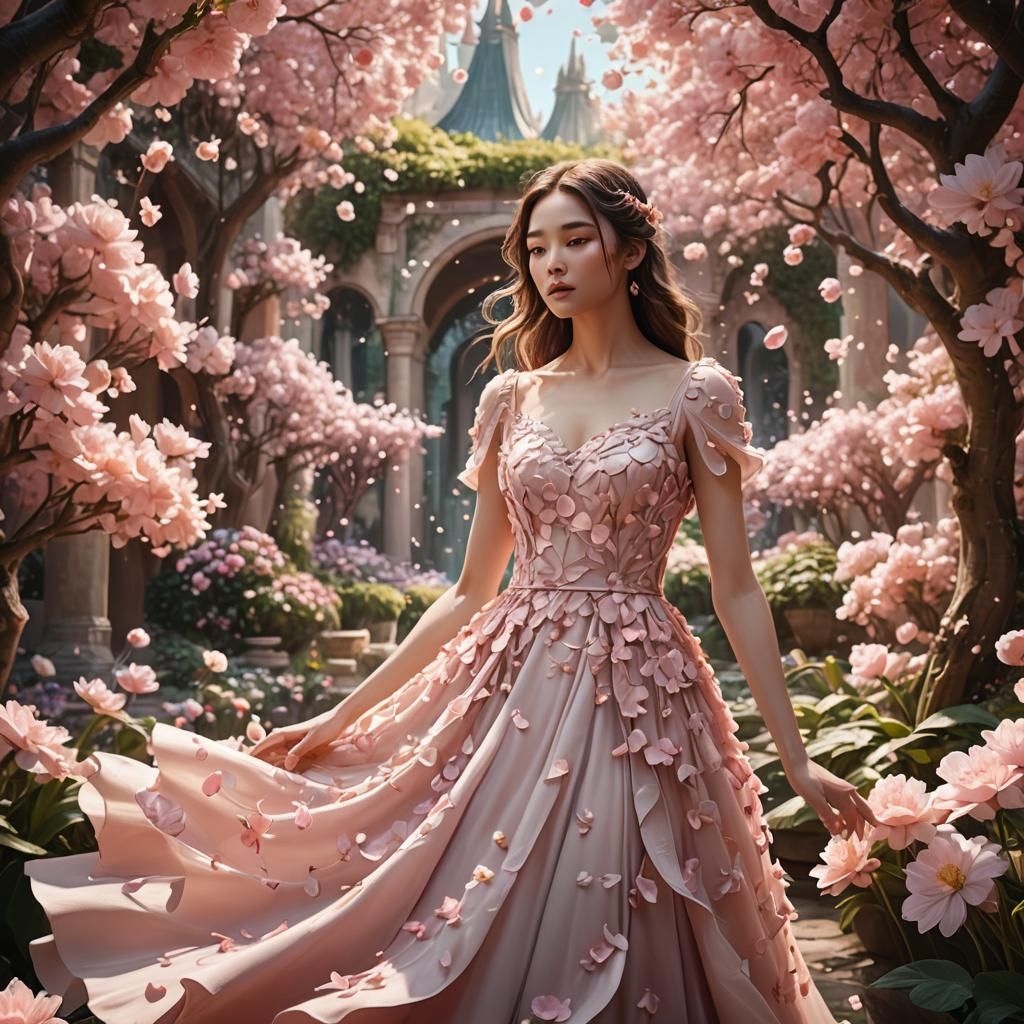 Girl in Petal Dress in Whimsical Garden