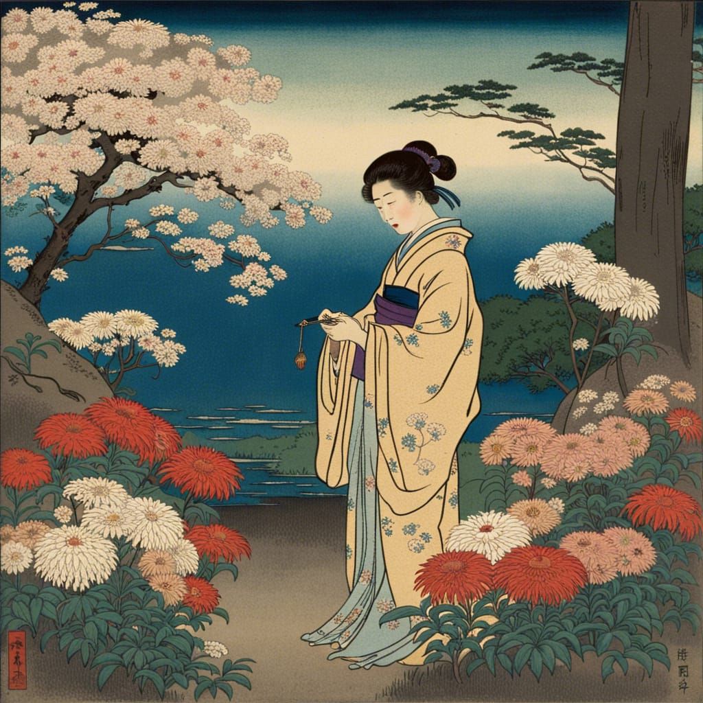 Japanese Impressionist Garden with Woman in Kimono