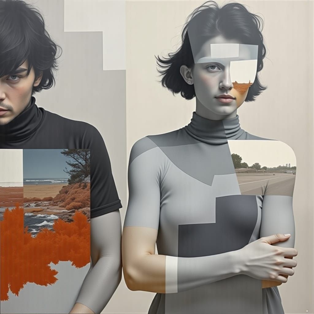 Double Exposure Person in Landscape with Halftone Texture