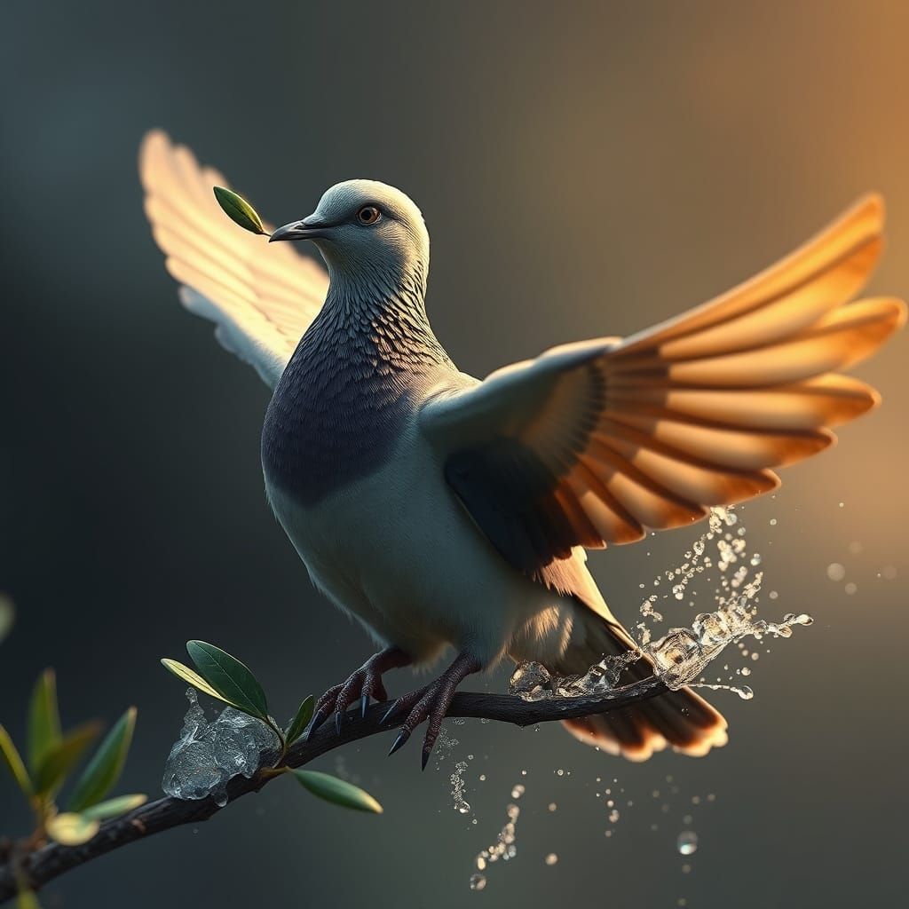 Dove Returns to Noah with Olive Leaf in Vibrant Fantasy Land...