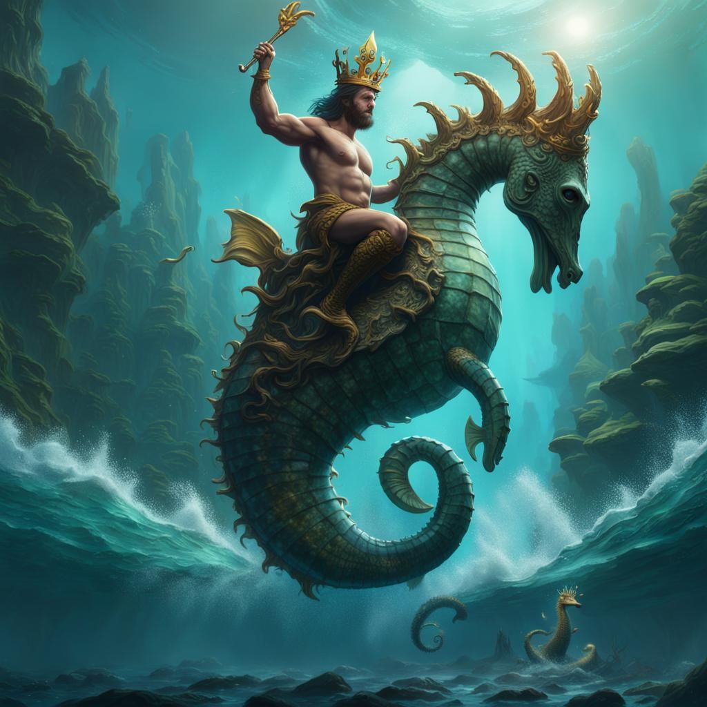 Merman God Rides Seahorse: Fantasy Concept Art