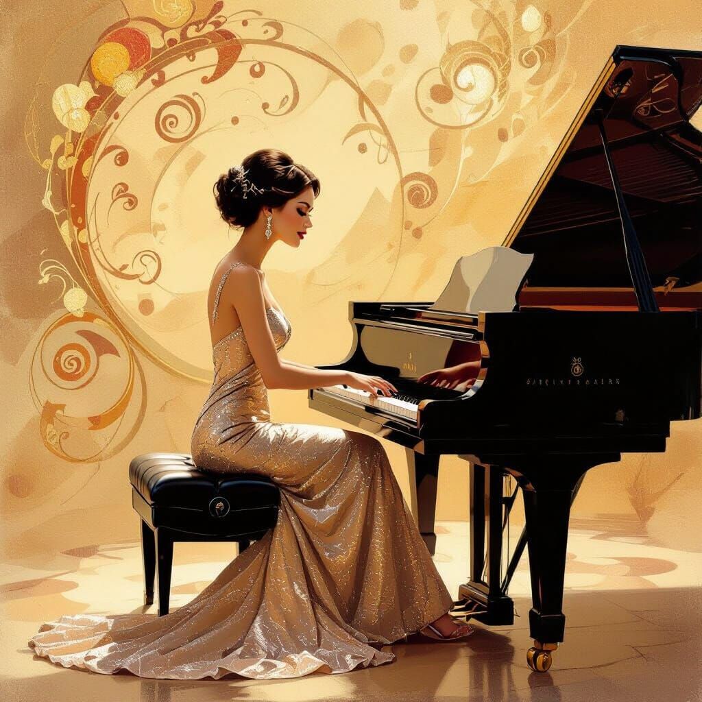 Elegant Woman Plays Piano in Dreamlike Jazz Club