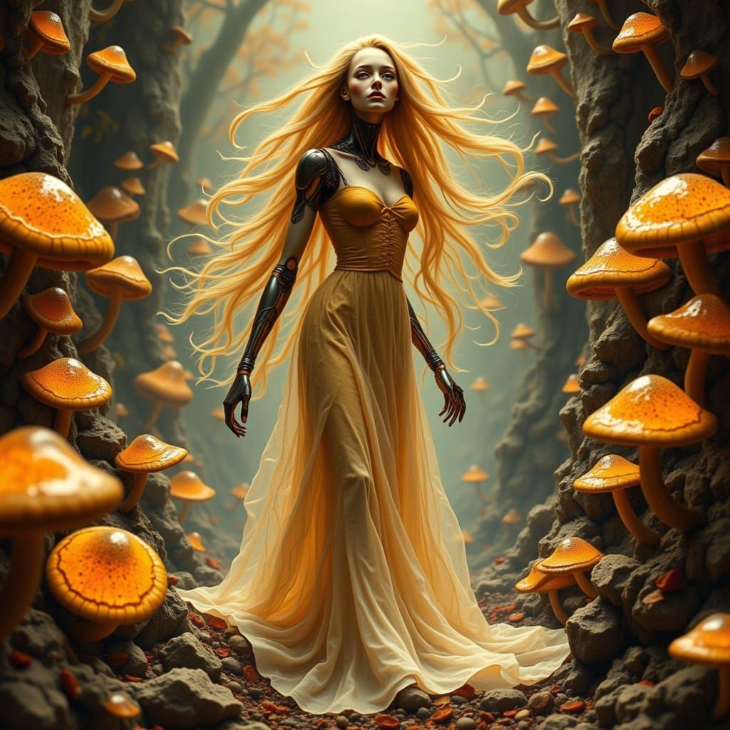 Android in Bioluminescent Grotto: Folk Art Nouveau Style