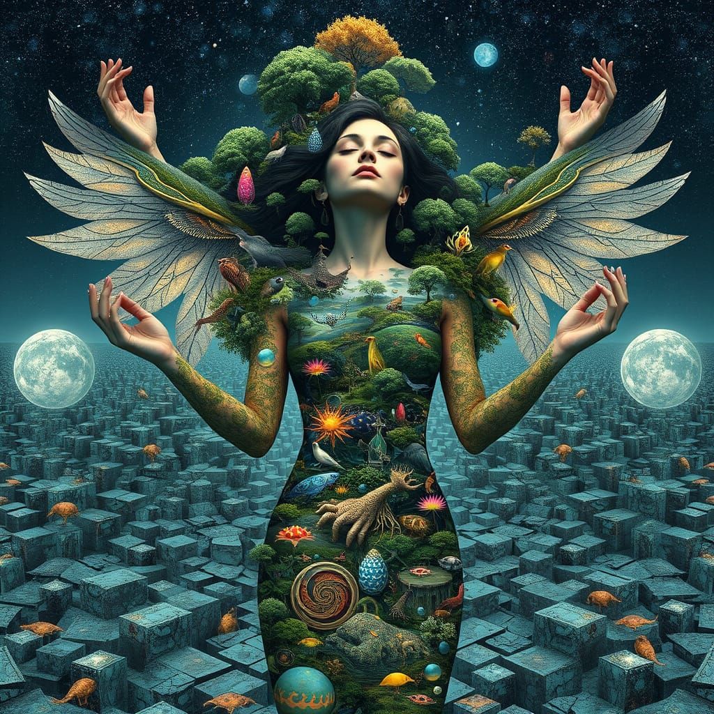 Dreamlike Bio-Art Collage of a Woman as Interconnected Ecosy...