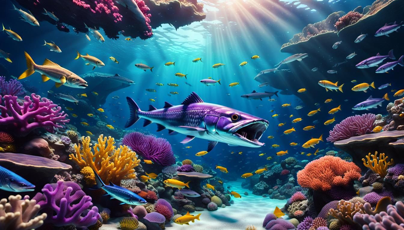 Vibrant Coral Reef with Barracuda in Photorealistic Style