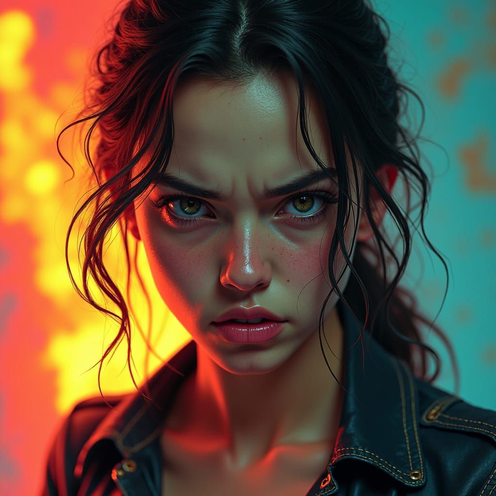 Intense Young Woman Portrait in Gritty Concept Art Style