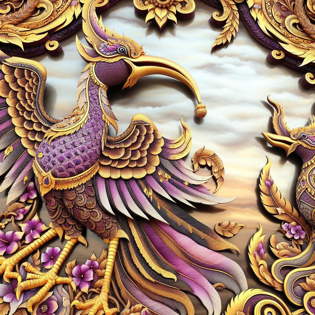 Golden and Purplish Birds in Flight