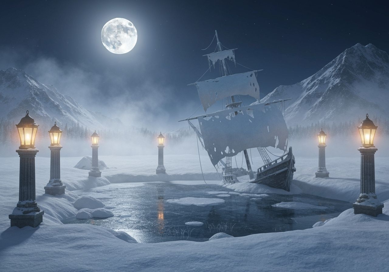 A remote, snowy area with a small lake and a sunken ship