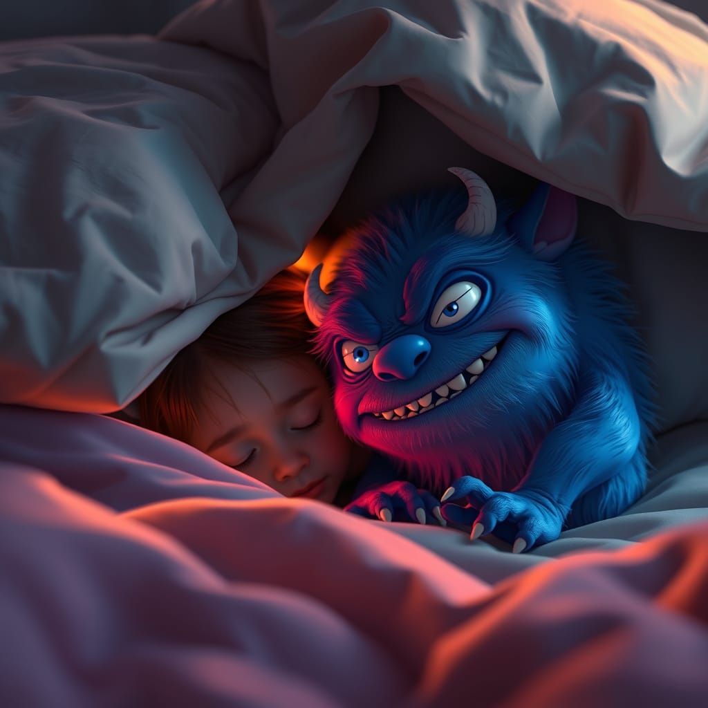 Shy Blue Monster Peeking From Under Bed