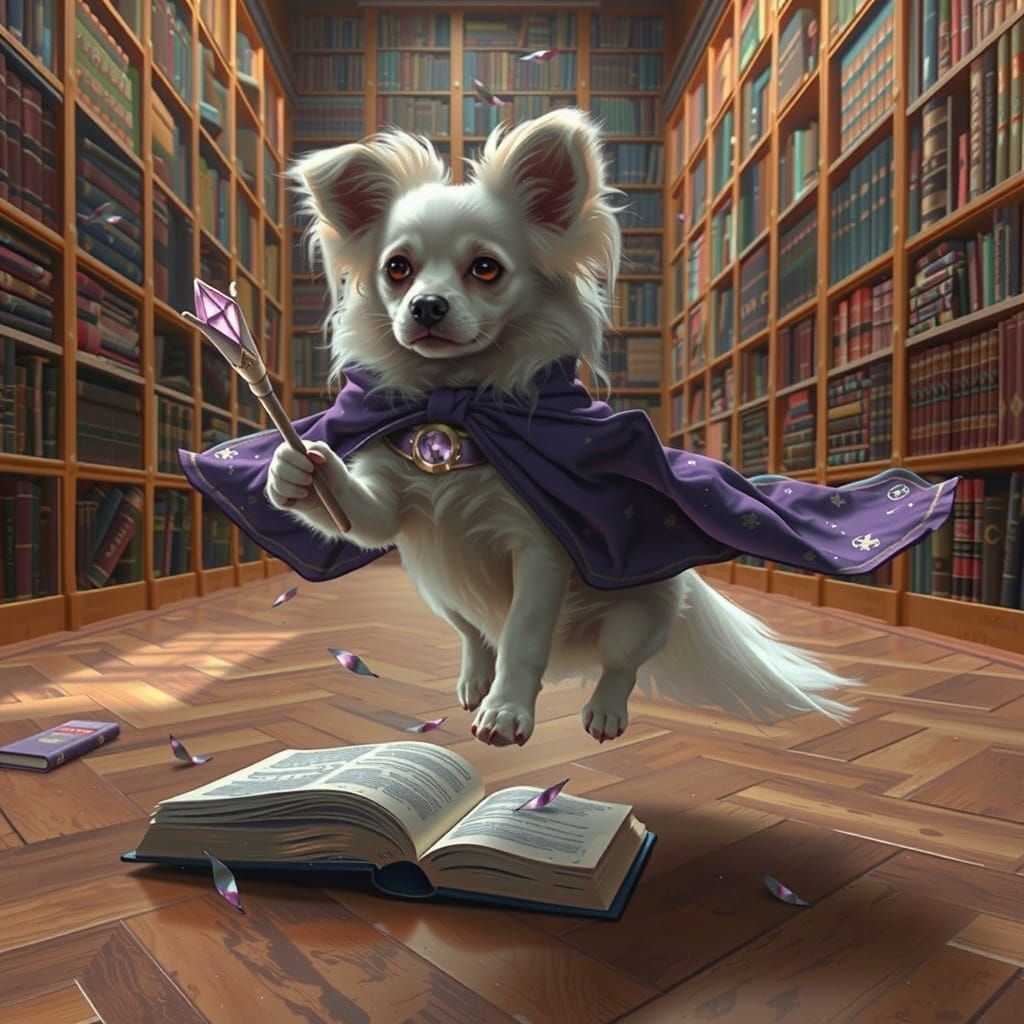 Majestic Papillon Dog in Lavish Purple Magic Cloak, Surround...