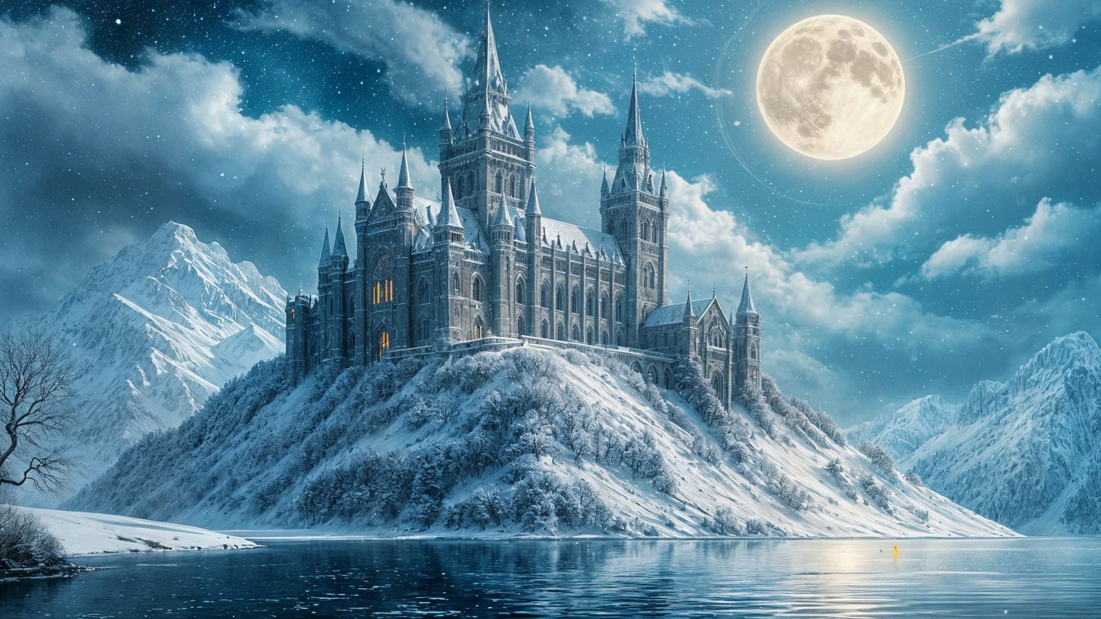 Snowy Castle with Gothic Spires in Digital Matte Painting