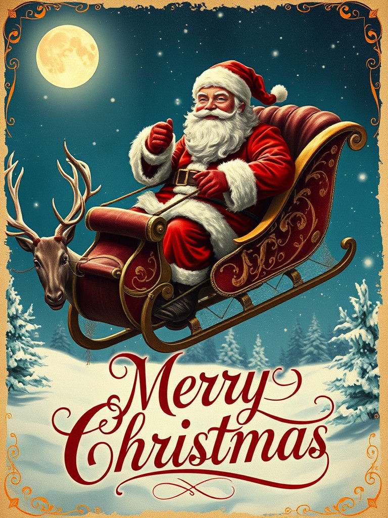 Vintage Holiday Postcard: Santa Soaring on Christmas Eve