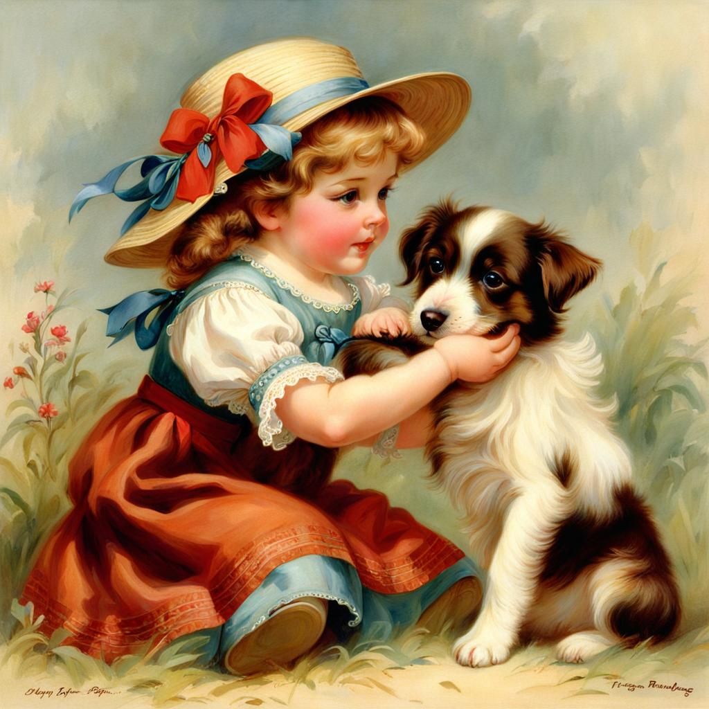 Girl and Puppy in Vintage Illustration Style