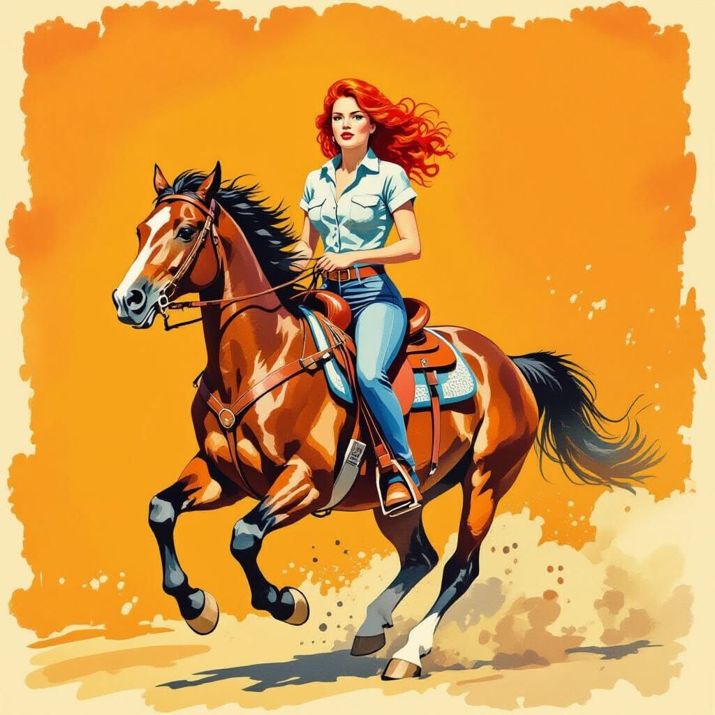 Cowgirl Rides On: A Retro Watercolor Illustration