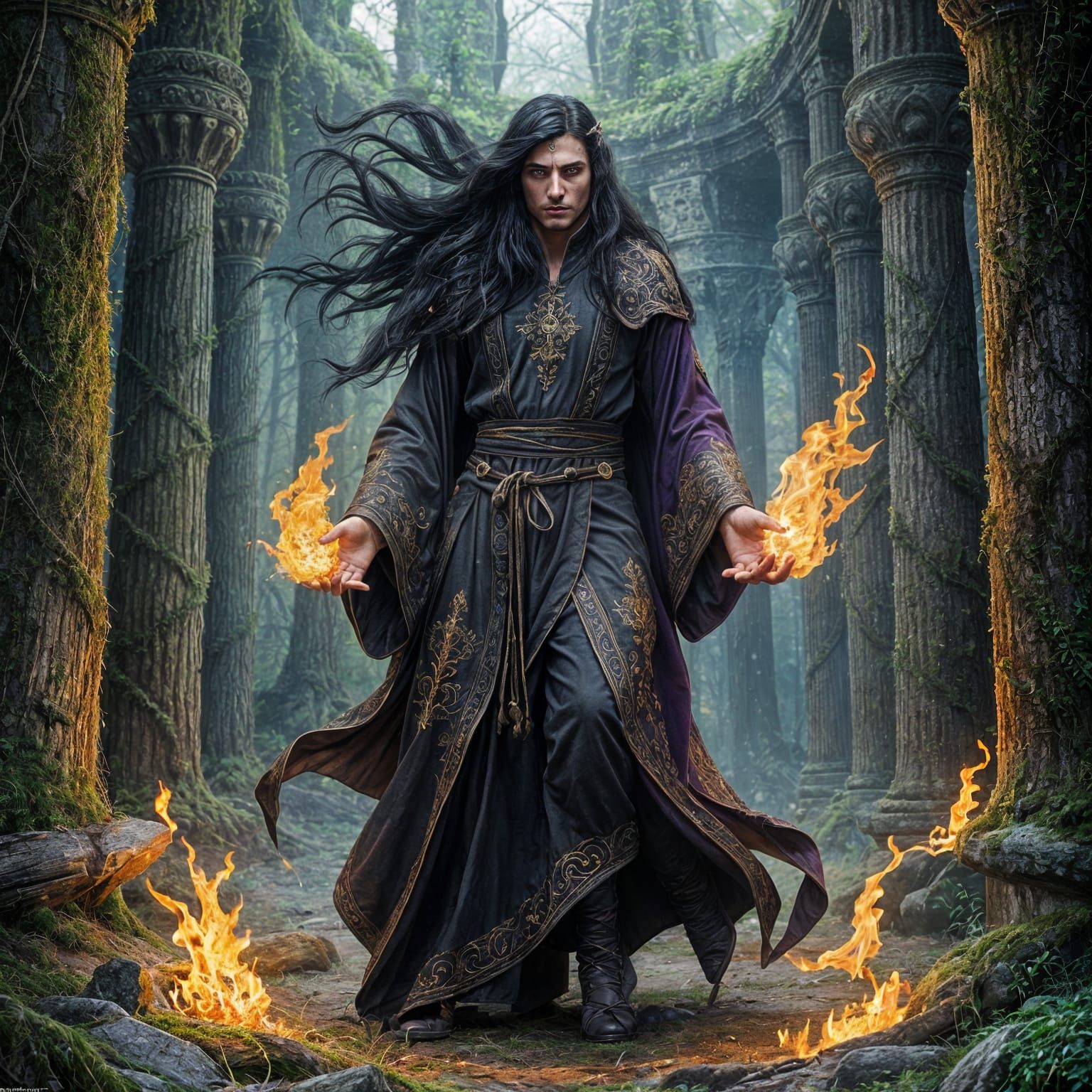 Warlock in Ancient Ruins with Fire Circle