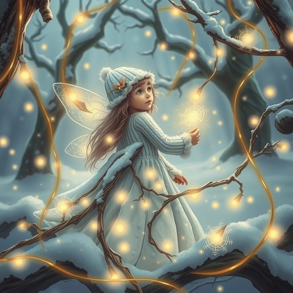 Fairy girl golden bulbs illustrated