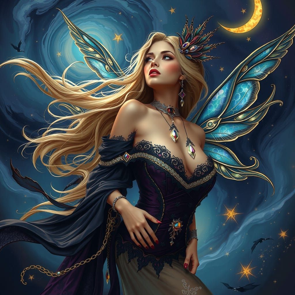 Enchanting Fairy Goddess in Dreamlike Attire Under Celestial...