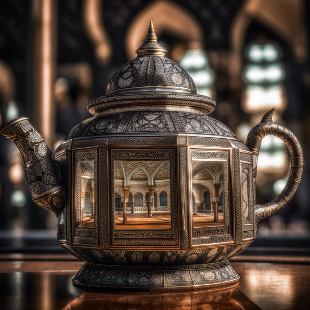 Kaaba in Glass Teapot: Hyperrealistic HDR Image