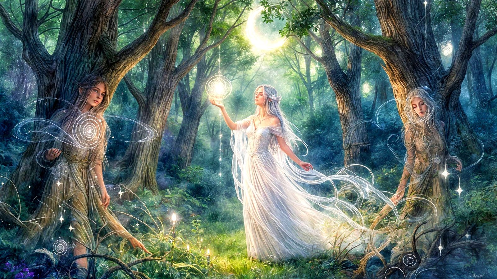 Ethereal Elven Sorceress Conjures Starlight in Forest Glade