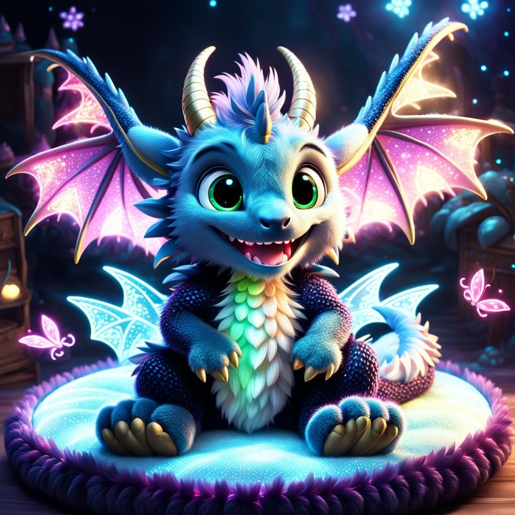 Fluffy Dragon Creature on Bed: 3D Digital Art