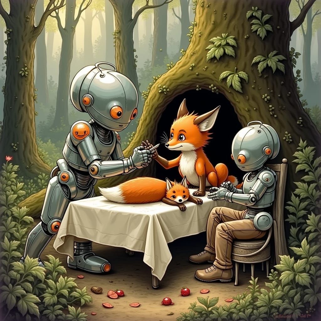 Android Assists Injured Fox in Lush Woodland