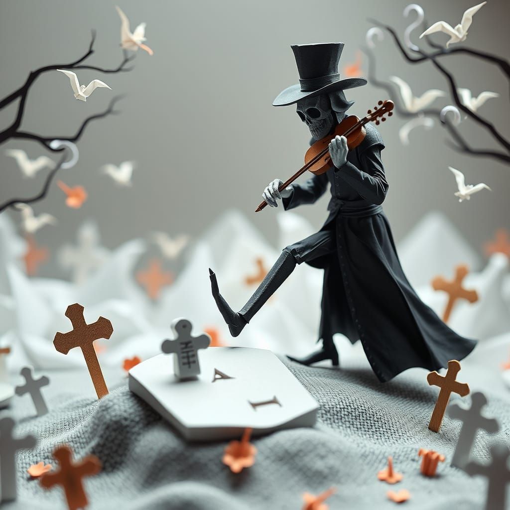 Whimsical Death Plays Fiddle in Origami World