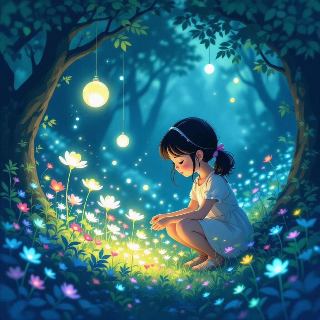 Girl Tends Bioluminescent Garden in Hidden Grove