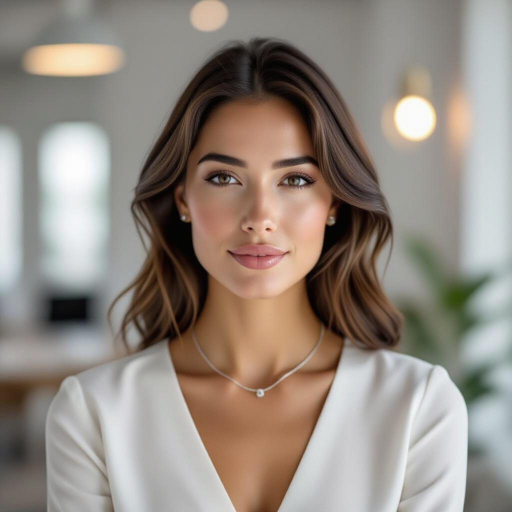 Woman in Minimalist Office with Elegant Necklace