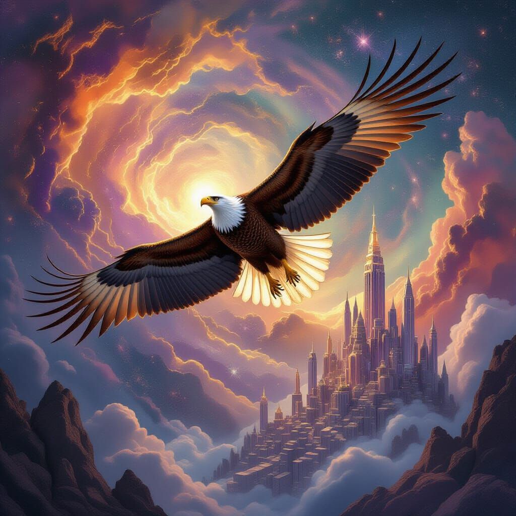 Golden Eagle Soars Through Cosmic Nebula Above Crystal City